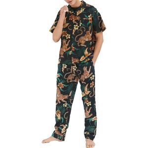 Nwot DESMOND DEMPSEY Set Pajama Lounge Unisex XL Cheetah Floral Go-Out Cotton
